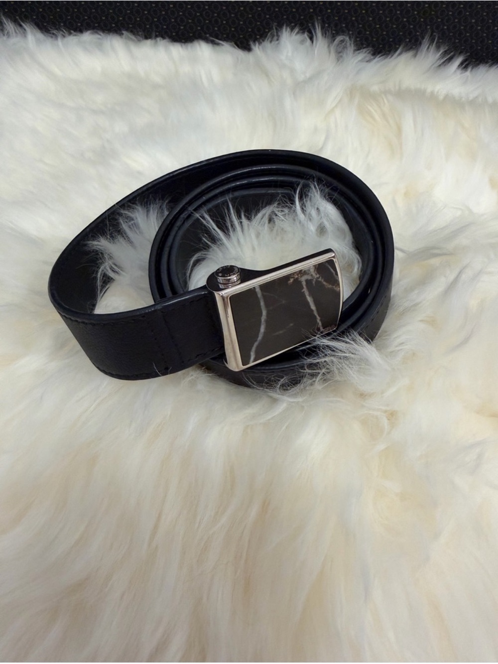 Louis Vuitton Black Leather Belt with Silver Marble Buckle